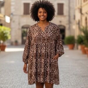 Jodifl Womens Dress Plus 3X Taupe Ivory High Waist Flowy Shift Boho Casual Retro